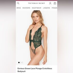 NWT Victoria's Secret Envious Green Lace Plunge Crotchless Bodysuit